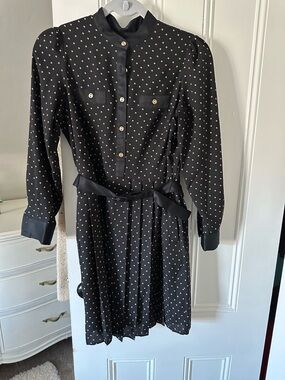 Ann Taylor Black Dress with Cream Polka Dots and Tie Waist